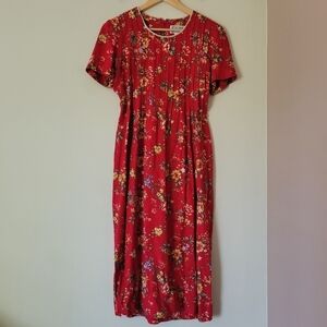 Vintage 90s Red Linen Rayon Red Floral Short Sleeve Tie Back Midi Dress Size 4 P